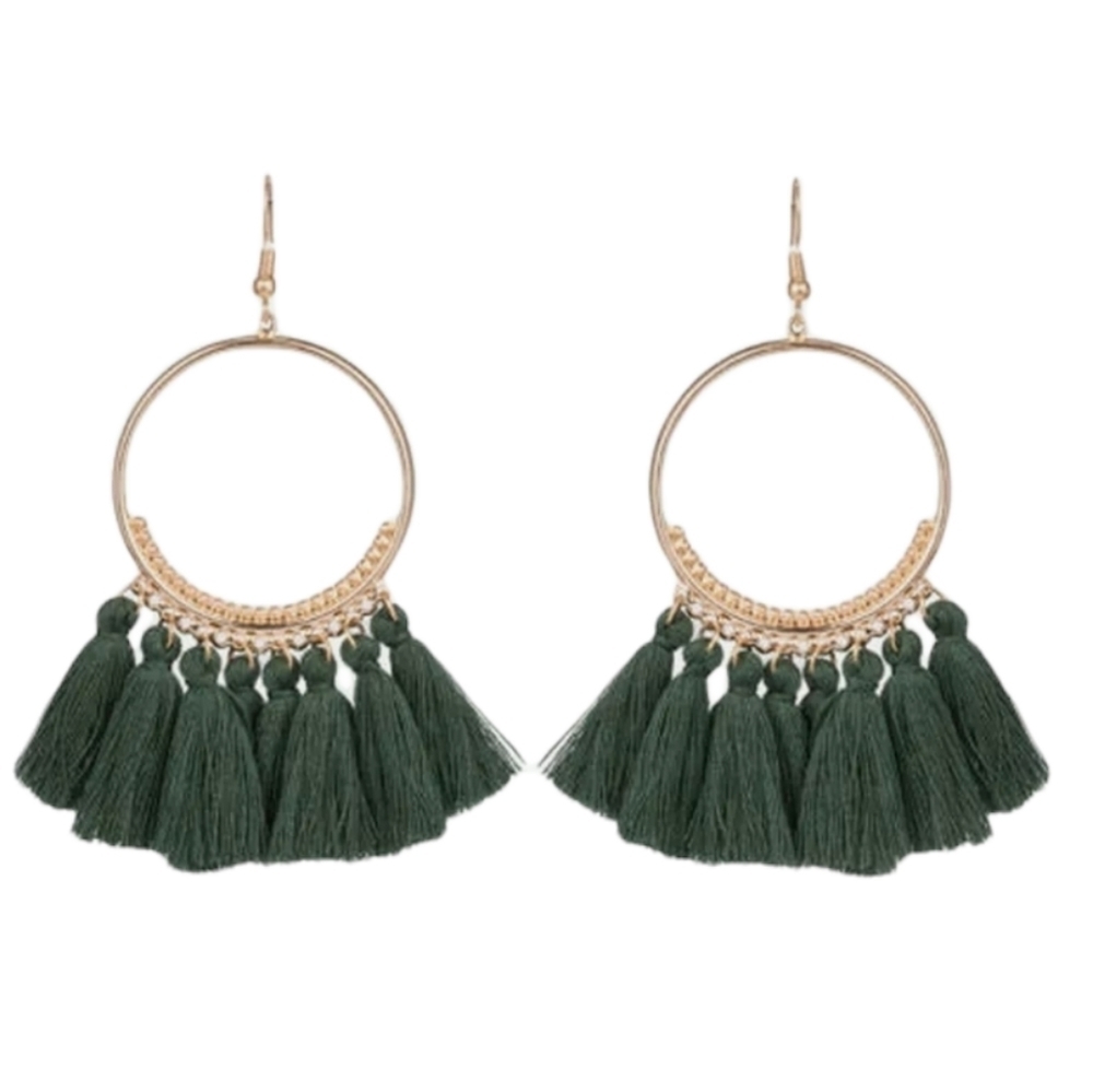 Boho Long Tassel Dangle‎ Fringe Drop Earrings Jewelry Forest Green And Gold